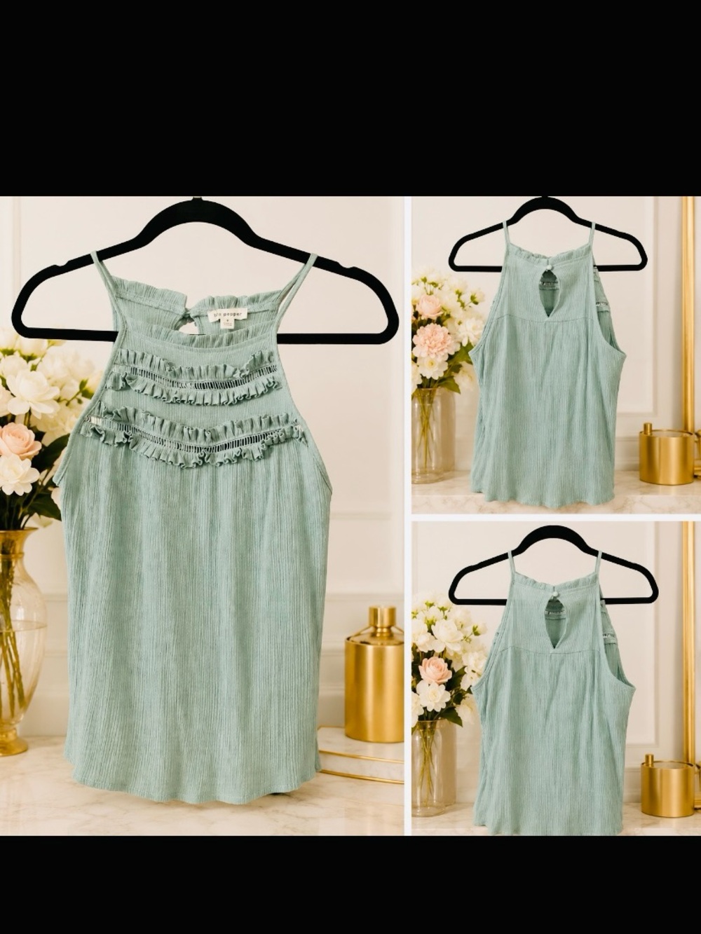 Blu Pepper Mint Green Ruffle Yoke Camisole